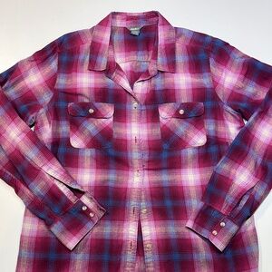 Ladies’ Eddie Bauer Plaid Flannel shirt, size Tall Large, Burgundy/Navy/Gray